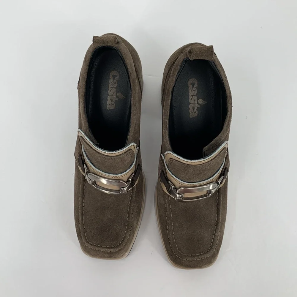 Casta Josh chunky platform loafers brown suede tan patent shoe pewter oval 40 9